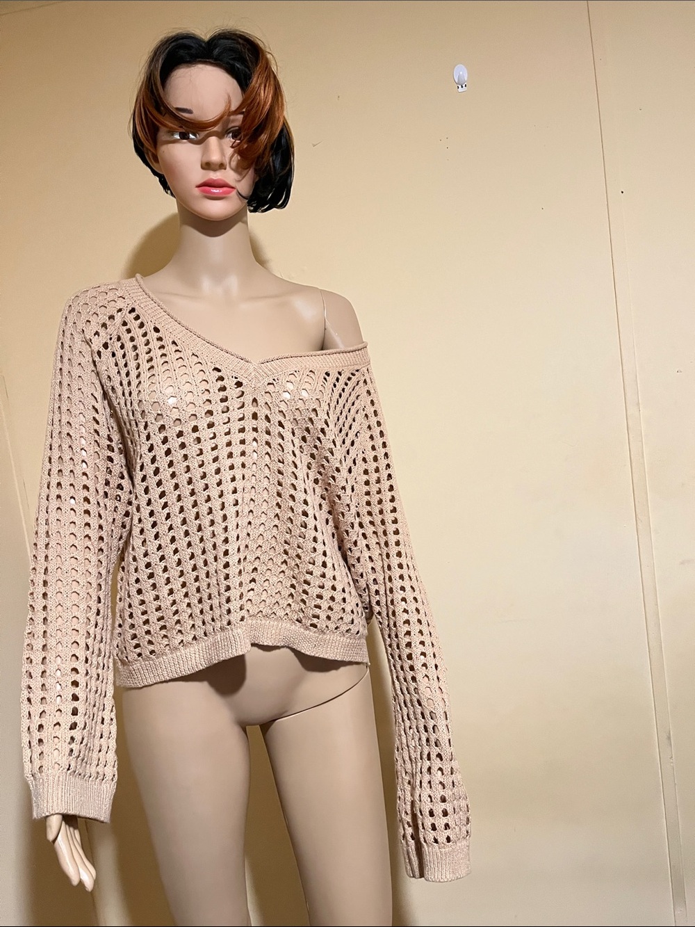 wild fable Open-Knit Off-Shoulder Sweater - Beige